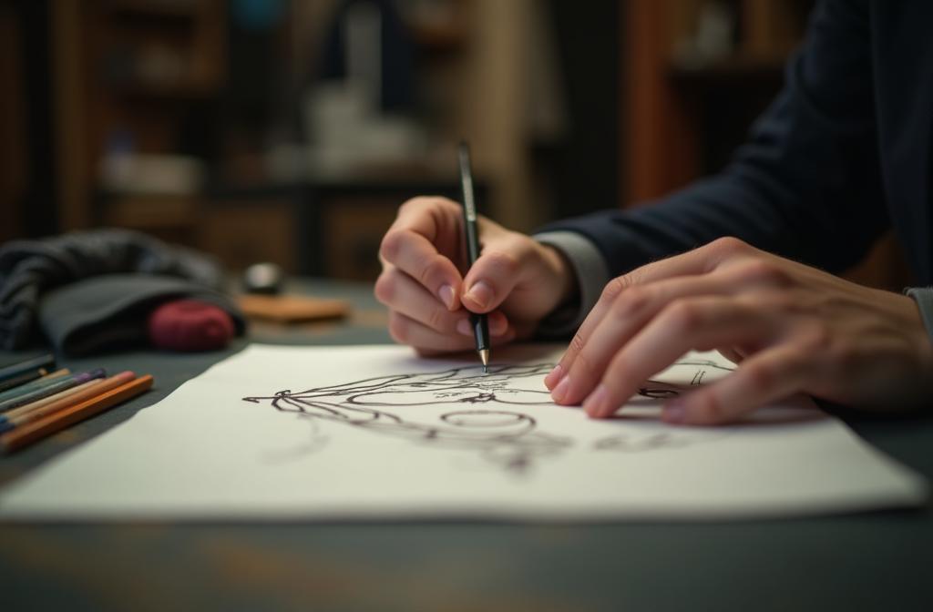 High-quality image showing a hand sketching a t-shirt design or a screen printing process, suggesting creativity and craftsmanship.